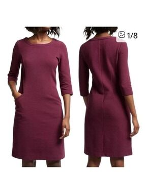 Boden 4P Ottoman Rib Dress Purple Boat Neck Shift Sheath 3/4 Sleeve Pockets